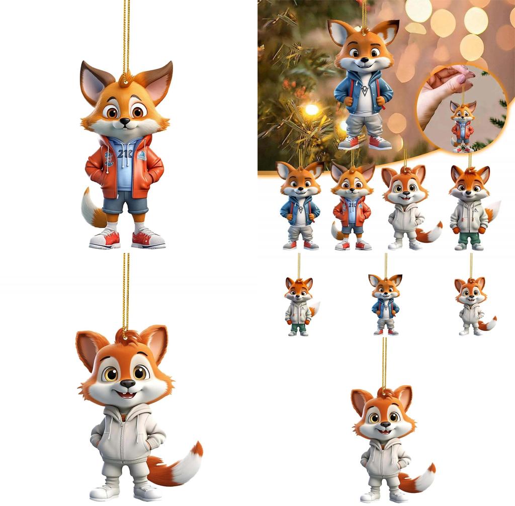 Adorable Cartoon Fox Acrylic Flat Christmas Tree Ornament For Car Interior Decoration