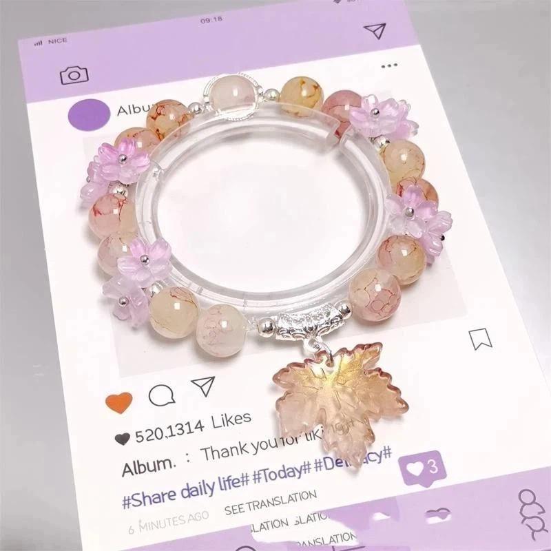 Crystal Beaded Bracelet Cute Leaf Pendant Lucky Blessing Hand Chain Fashion Accessory for Girls Daily Outfit