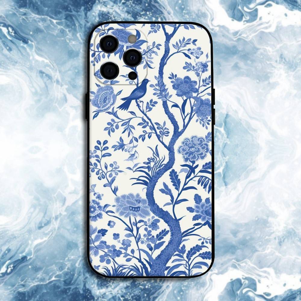 Blue white Porcelain Pattern Phone Case For iPhone17,16,15,14,13,12,11 Plus,Pro Max, Soft Silicone Black Cover