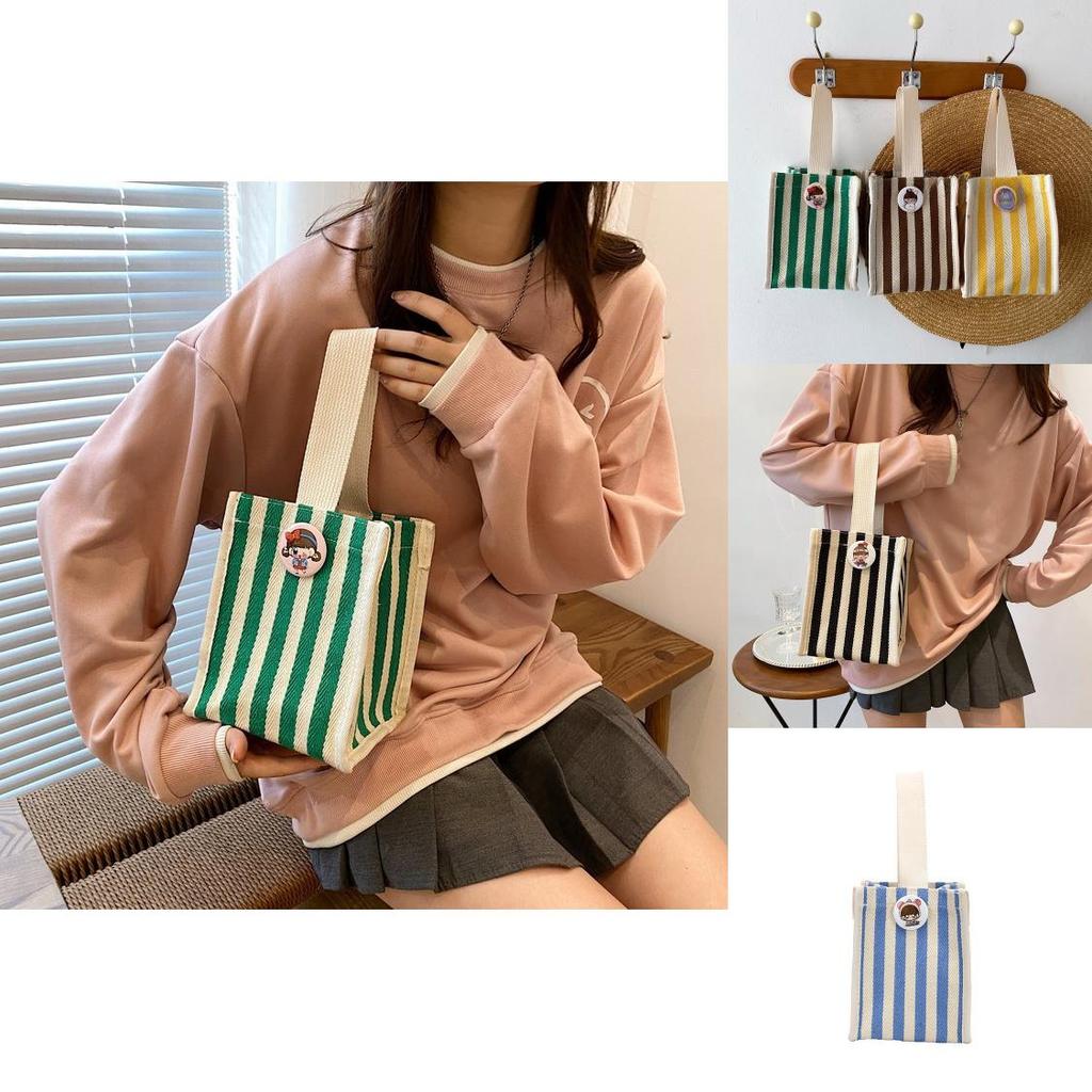 Stylish Colorful Striped Nylon Shoulder Tote Bag For Women Trendy Handheld Lunch Bag