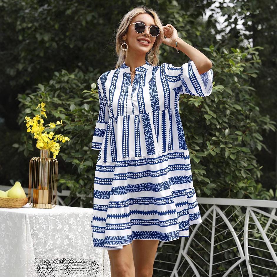 Women's Clothing Popular European Summer Striped Loose Five-quarter Sleeve Dress