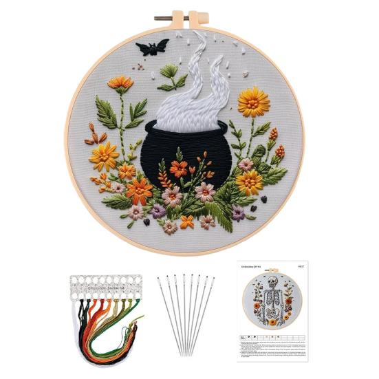 1 Set Halloween Embroidery Kit with Hoop Threads Scissors Threader Beginners Gothic Stamped Cross Stitch Hand Embroidery Starter Kit