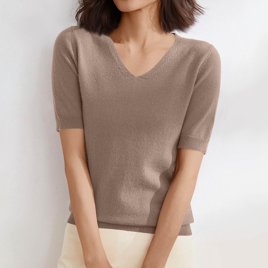 Women's Sweater T-Shirt Short Sleeve Knitted Tops Pullover V-Neck Sweater Lightweight Casual Color Sweater Elegant Spring Summer Tops