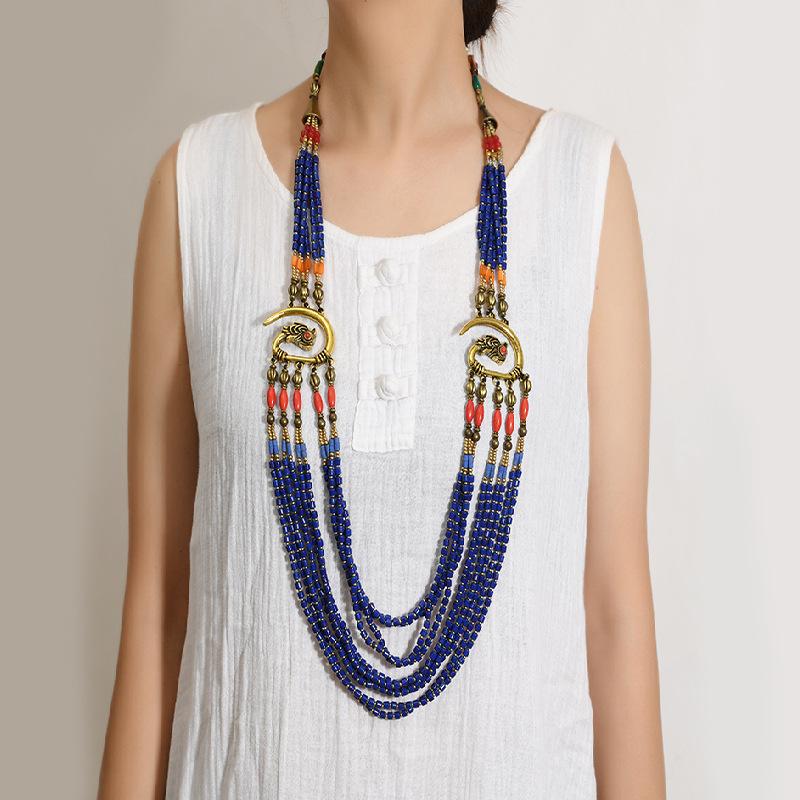 

Тяжелое многослойное ожерелье ручной работы с бисером, ретро длинный стиль Иньло, древний ханьфу, халат периода Сражающихся царств, женские китайские аксессуары