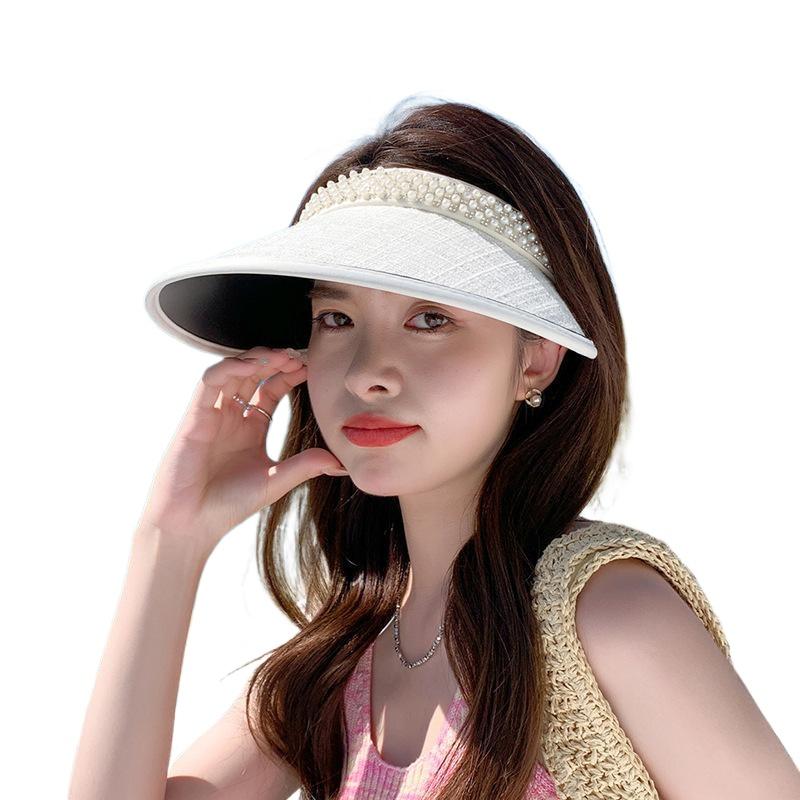 Summer sunscreen sunshade empty top hat Korean version versatile pearl hat women's vinyl big eaves headband sun hat