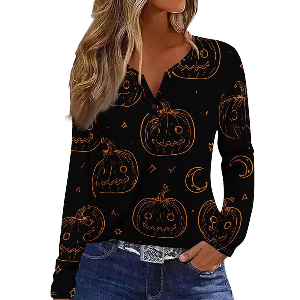 Women's Halloween Print V-Neck Long Sleeve T-Shirt with Button for Casual Holiday Wear