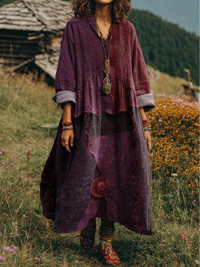 Retro Böhmisches V-Ausschnitt Ethnisches Stil Kleid - Europäischer & Amerikanischer Lässiger Lockerer Schnitt