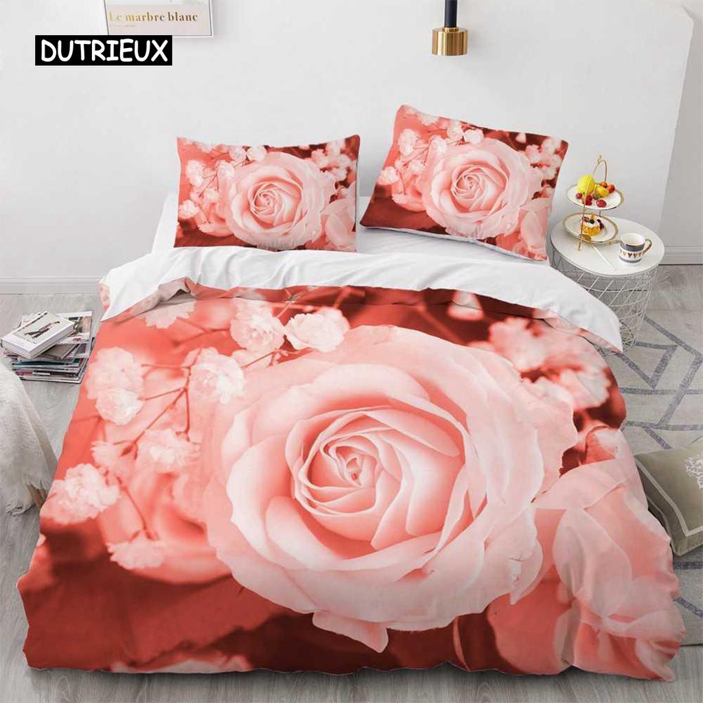 Flower Duvet Cover Set Microfiber Red Rose Bedding Set King Size Floral Print for Valentine's Day Mother's Day Soft Quilt Cover