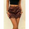 Satin Lace Patchwork Mini Skirt, High Waist Slim A-Line Skirt, Silky Glossy Side Zipper Short Skirt for Spring Summer Pure Y2K Daily Party Outfits