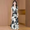 Women's Elegant Floral V-Neck Cinch-Waist Midi Dress