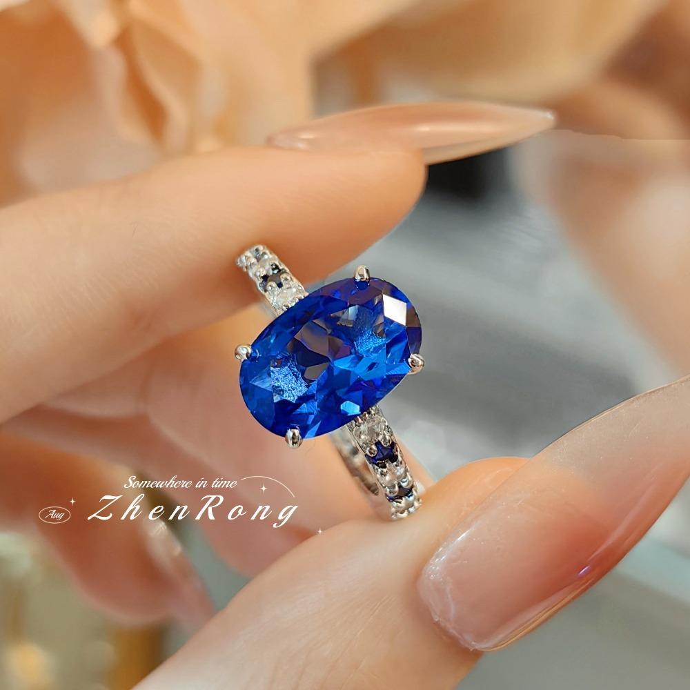 Women Stylish Simulated Royal Blue Sapphire Ring High Carbon Diamond Red Corundum Blue Spinel Pigeon Egg Fashion Ring opening adjustable