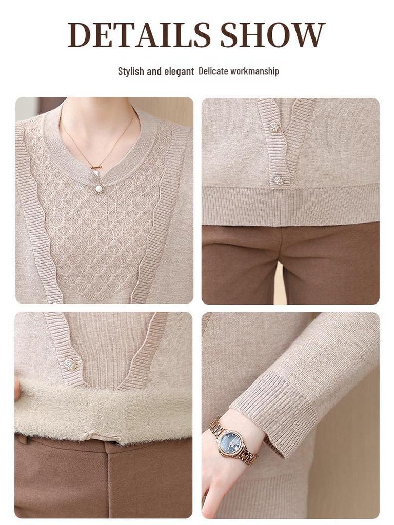 Women's Fashionable Winter Fleece-Lined Two-Piece Sweater Top for Middle-Aged and Elderly