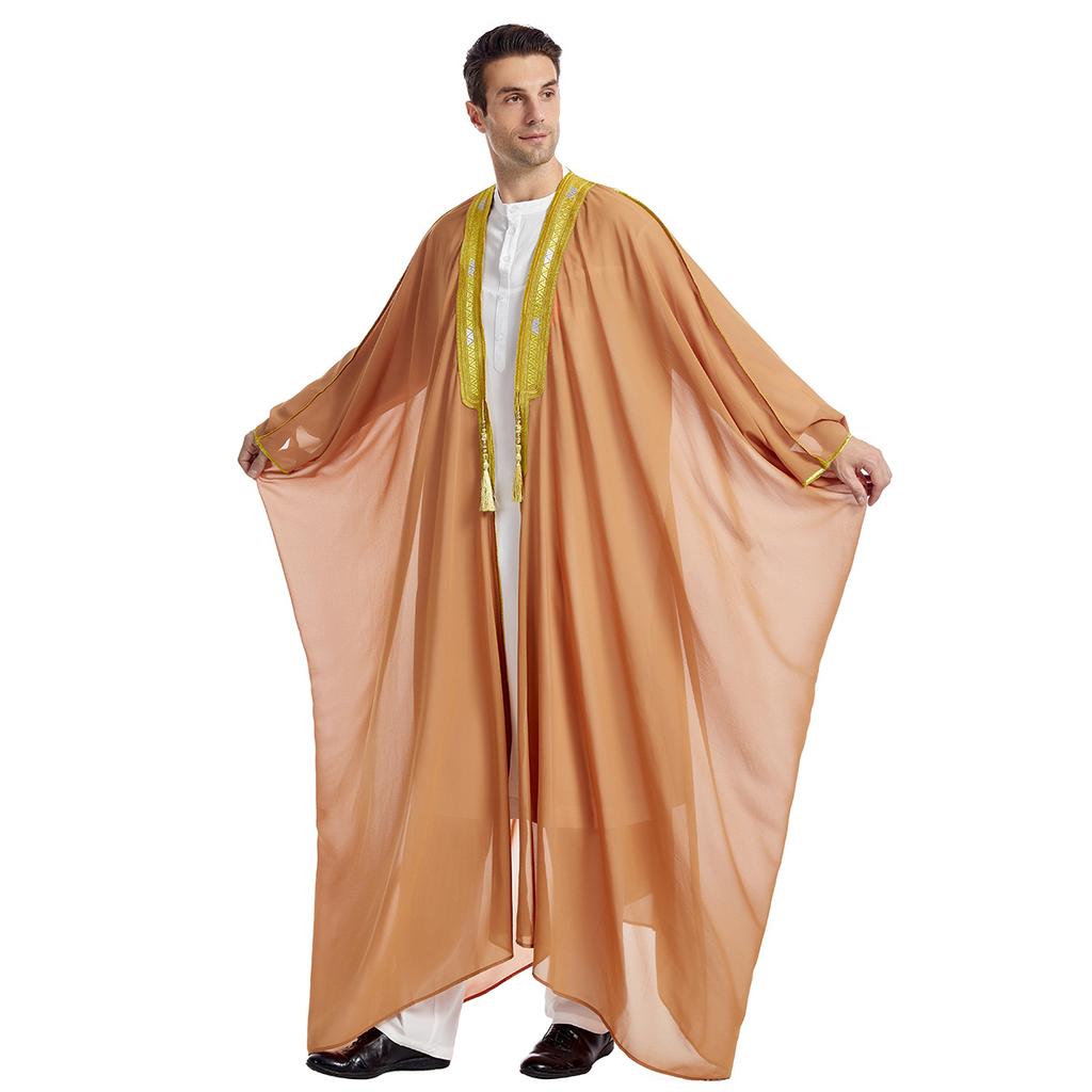 Men's Loose Long Robe Vintage Long Sleeve Cloak Embroidery Tassel Chiffon Cardigan Single Outerwear Traditional Casual Open Front Long Gown