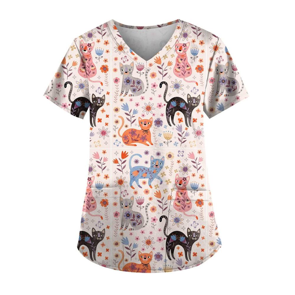 Women's Clothing Cartoon 3D Print V-neck Women's Working Clothes Tops Short Sleeve With Pockets Carers Medical Nurse Uniform