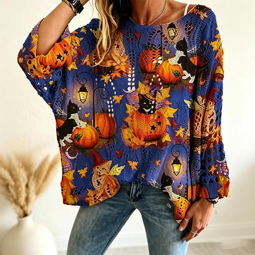 Women's Casual Halloween Pumpkin Print Long Sleeve Top with Off-the-Shoulder Neck, Cutout and Sleeves
