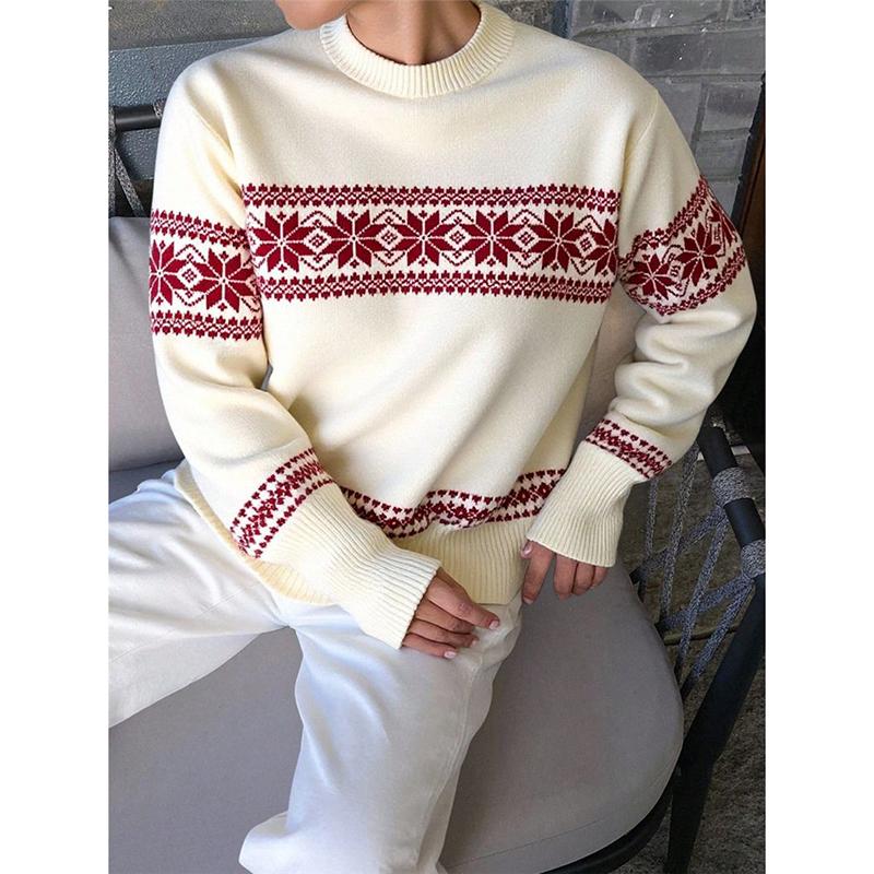 Retro Christmas Style Knitted Red Sweater Women's Round Neck Pullover Autumn Winter New Style Thickened Geometric Patterned Top