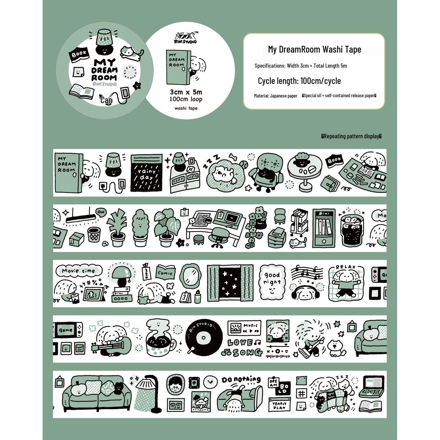 Linlang Hammer My Dream Room Green Series Washi Tape - Journal Collage Material, No Die-Cut.