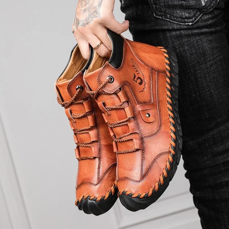 

Мужские кожаные ботинки для активного отдыха, модные мужские повседневные мотоциклетные ботинки с хлопком, зимние мужские ботильоны, дизайнерские римские мужские кроссовки 38 темно-коричневого
