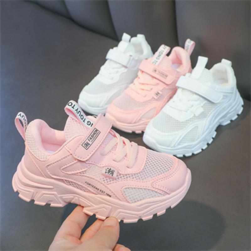 Scarpe casual bianche/rosa in tessuto traspirante, comode e morbide, per bambini, alla moda estiva per studenti, sportive, casual, bianche