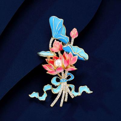 Emaille Landschaft Lotus Brosche, Hochwertige Exquisite und Personalisierte Lotus Brosche für Damen, Chinesischer Stil Design Sinn