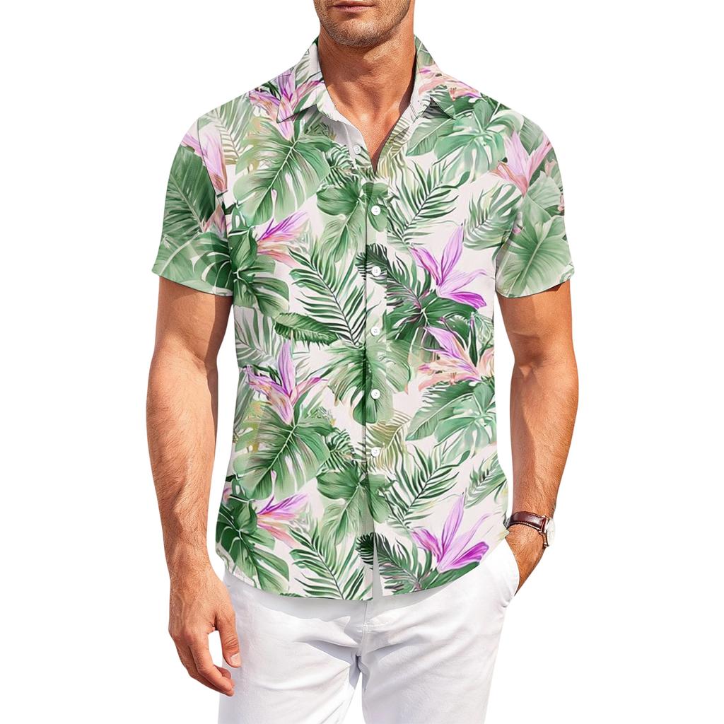 Men's Casual Loose Fit Hawaiian Print Short Sleeve Shirt Button Down Lapel Collar Lightweight Summer Top for Daily Wear