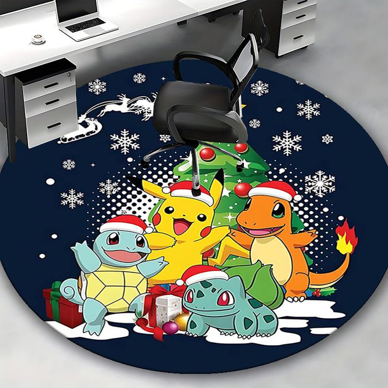 1pc Christmas Pikachu & Friends Round Carpet - Anime Design Office Chair Mat, Non-Slip Rug for Home Decor, Living Room