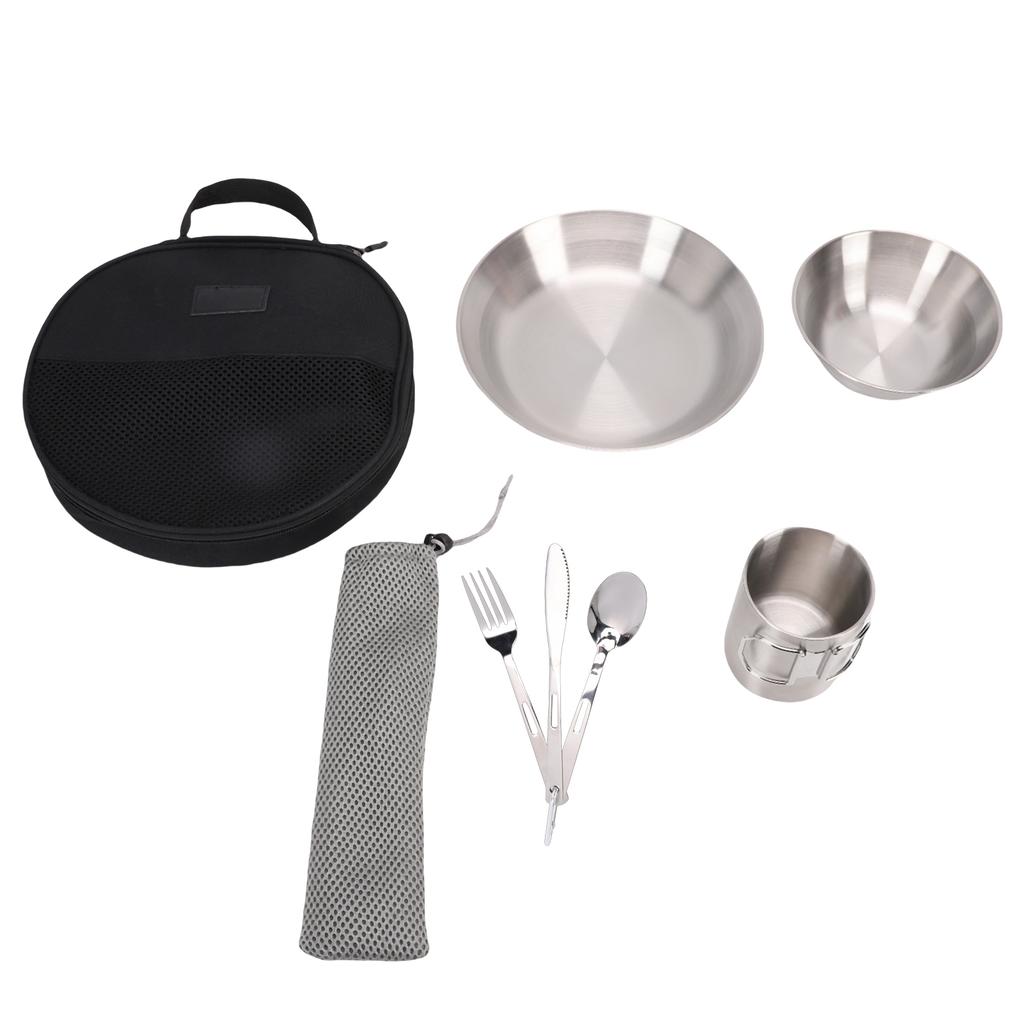 Portable Stainless Steel Camping Tableware Set Double layer Cup Thickened Bowl Plate Knife Fork Spoon Utensil Combo for