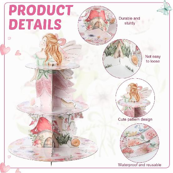 Honeydak 3 Tier Fairy Party Cupcake Stand Decorations Fairy Theme Cupcake Holder Decorations Wing Ballet Dancer Dessert Tower for Kids Party Birthday