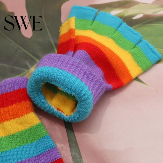 Winter Gloves 1 Pair Students Half Finger Knitted Colorful Rainbow Stripe Stretchy Comfortable Girls Keep Warm Super Soft Autumn Women Writing Gaming