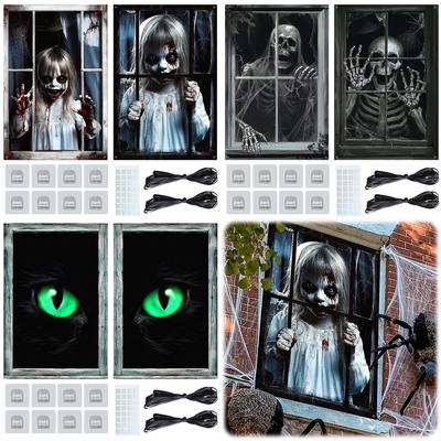 Halloween Horror Window Door Cover Terrifying Printed Ghost Window Cover Eerie Scary Tapestry for Indoor/Outdoor Party Decor