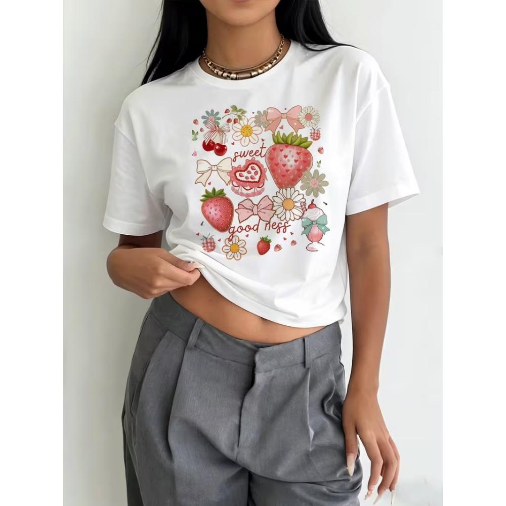 Sweet Strawberry Bow Graphic T-Shirt Women’s Crew Neck Short Sleeve Girly Sweet Floral Print Top for Summer Daily Wear