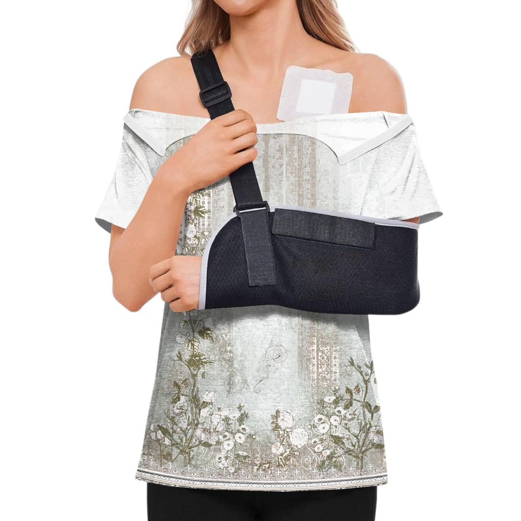 Women's Post-operative Short-sleeved Color Shirt With Shoulder Zipper And Side Closure.