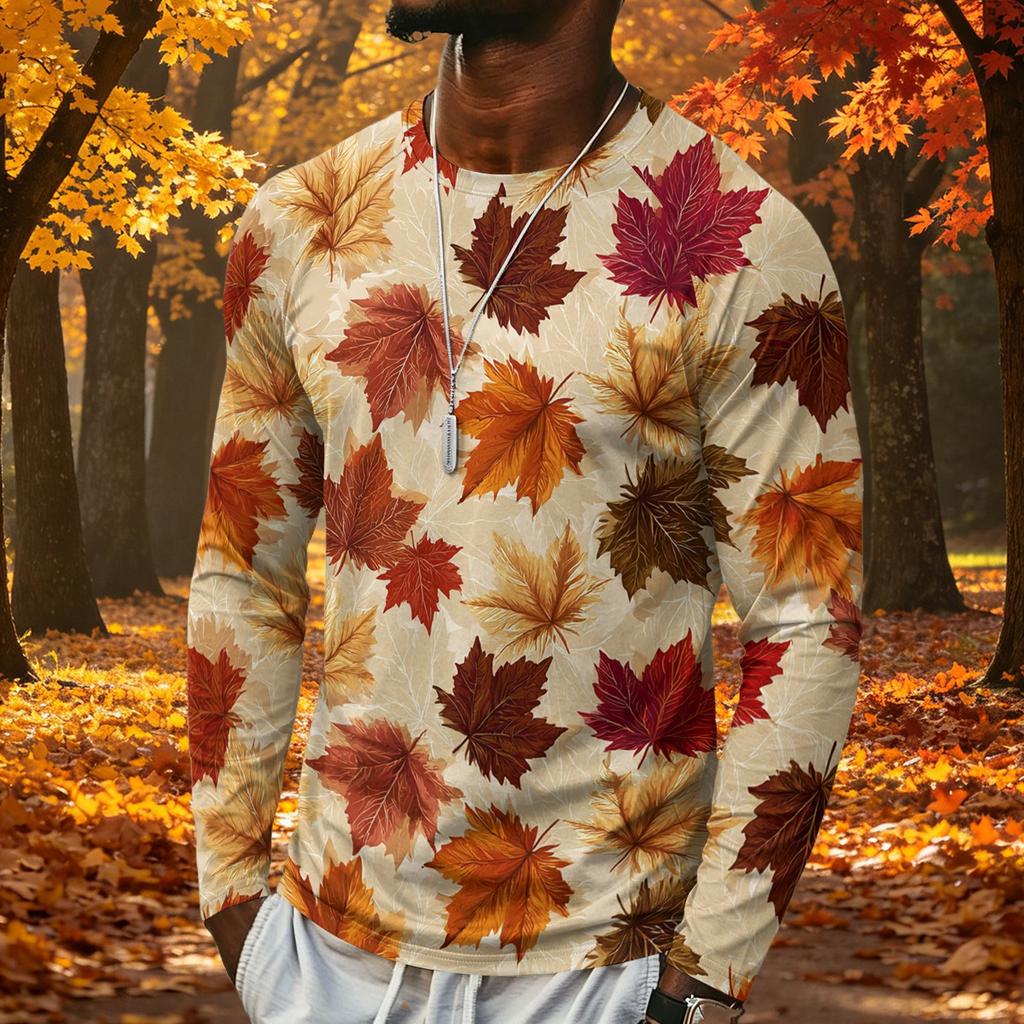 T-shirt da uomo a maniche lunghe con stampa di foglie d'acero, top casual leggero girocollo per autunno e inverno
