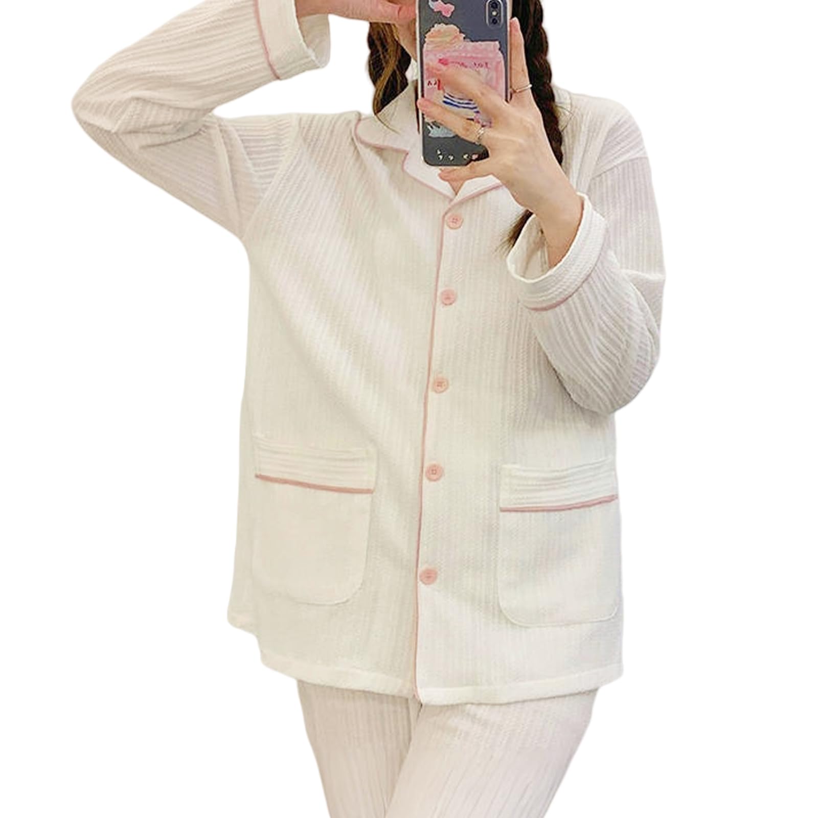 

EnagmourCheripo Jacquard Cotton Color Long Top and Bottom and Comfortable for Cold Perfect for and Spring Women s Pajamas, Block, Sleeve, V-Neck, Set, розовый