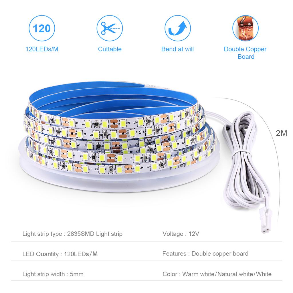 High Bright LED Cabinet Light Strip 12V 2835 Double Layer Copper 5mm PCB Tape DuPont Wire Cable Port DIY Wardrobe Shelves Lamp