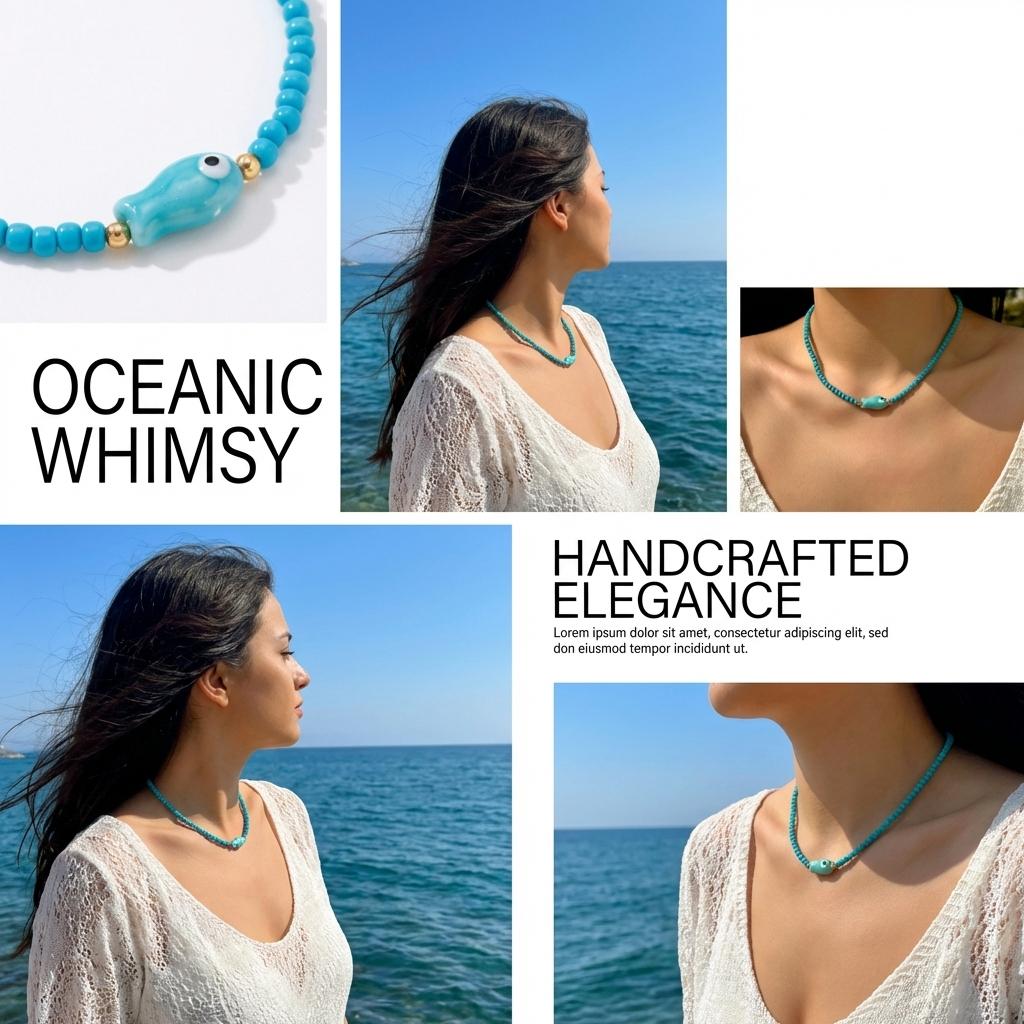 Minimalist Aqua Blue Beaded Choker for Women Cute Ocean Fish Pendant Collar Necklace Summer Beach Vacation Jewelry