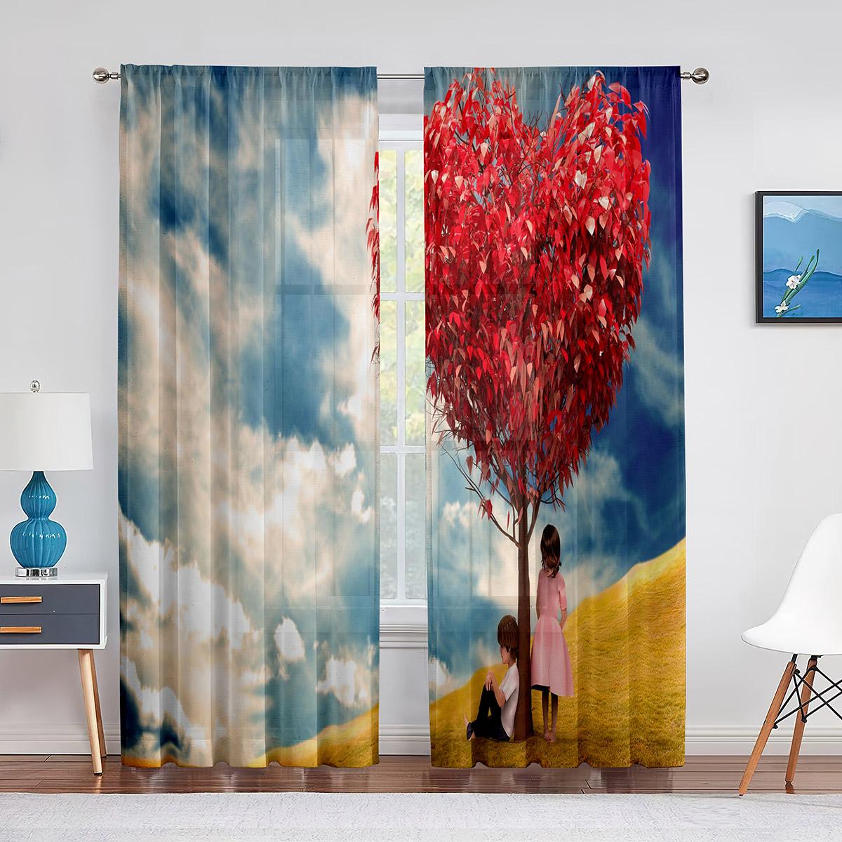 Фиолетовый Романтичный Силуэты Молодых Пар Тюль Оконные Шторы Гостиная Любовь Сердца Прозрачная Вуаль Шторы Спальня Кухня Декор 1 PCS W100XH250cm&Rod Pocket