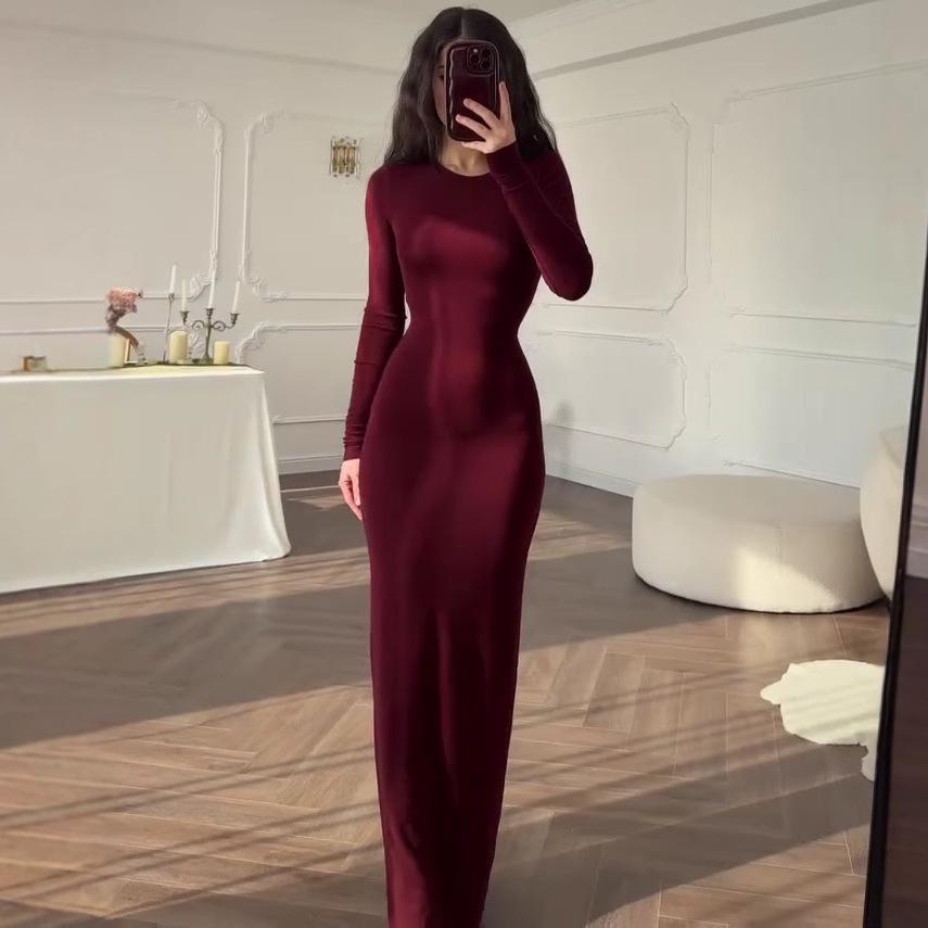 2025 European & American Fitted Long-Sleeve Crew Neck Dress - Autumn Solid Color Women's Fashion
