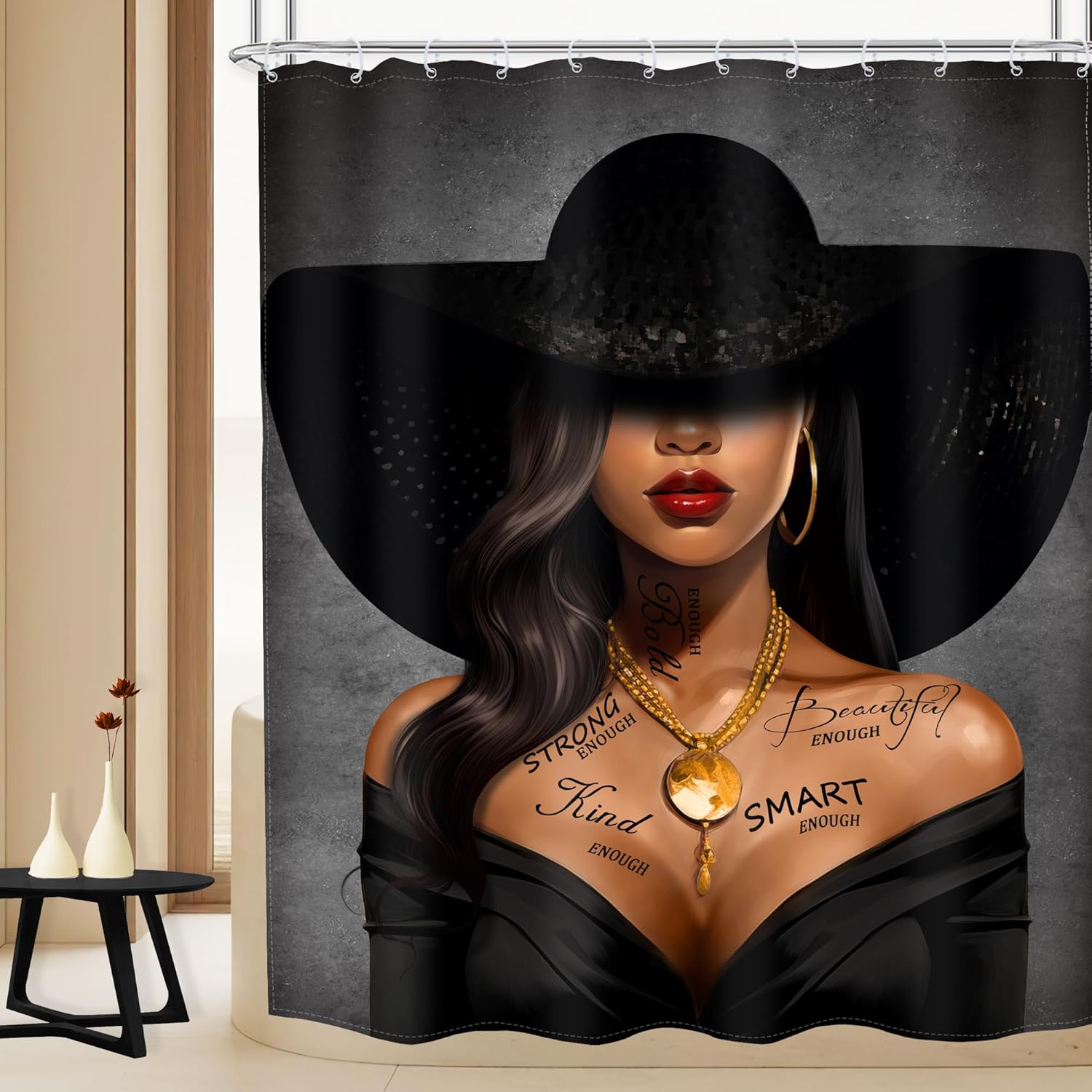 

Red Black Girl Shower Curtain African American Inspirational Quotes Black Woman Fashion Hat Afro Lady Modern Cool Bathroom W60H190(CM)-1 Pcs