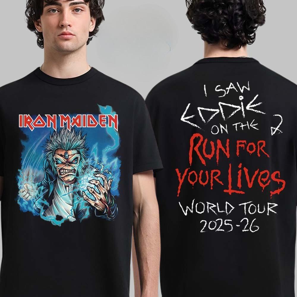 Rare Ir Maiden Eddie's Dive Bar Charged with Trooper 2026 Run for Your Lives World Tour Merch Two Sided Unisex T-Shirt