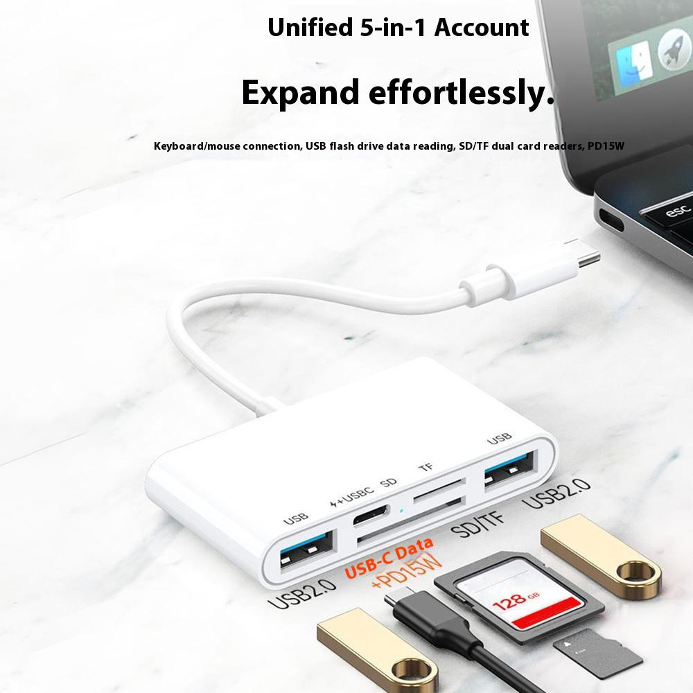 5 in 1 Type-C OTG Adapter USB-C to 2x USB 2.0, 1x USB-C PD 15W/SD TF Card Reader for iPhone/MacBook/USB C Devices