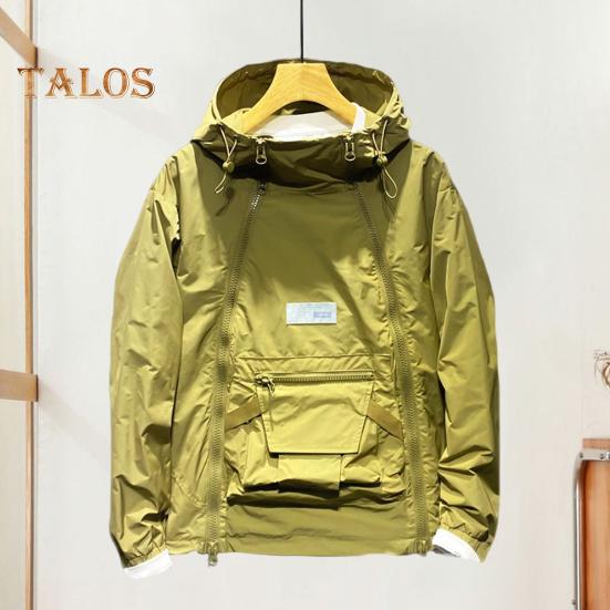 Men Trench Coat Hooded Drawstring Long Sleeve Double Zipper Cargo Tops Solid Color Large Pocket Street Style Outwear