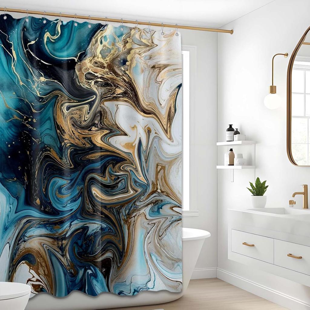 Teal and Gray Marble Shower Curtain Abstract Turquoise Gold Shower Curta for Bathroom Decor, Waterproof Cloth Fabric with Hooks 70 X 72 Inch