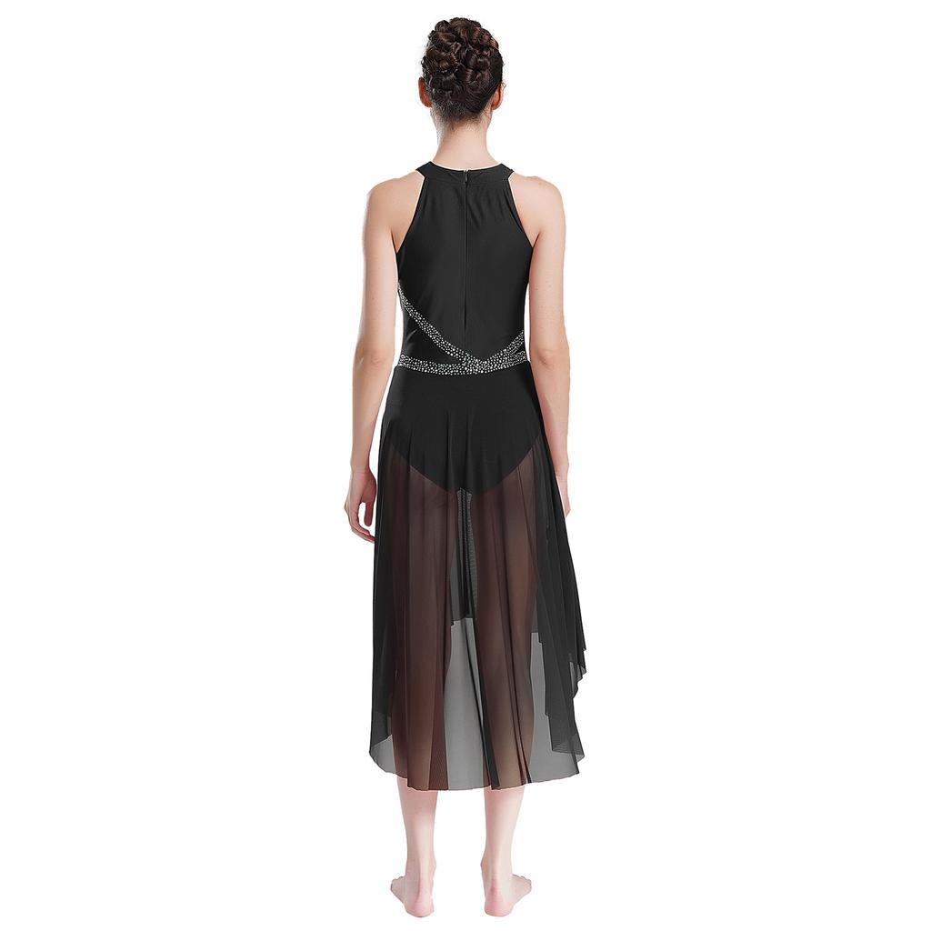 Womens Sleeveless Ruched Dress Asymmetrical Hem Design Sparkly Rhinestones Lyrical Dance Performance Wear