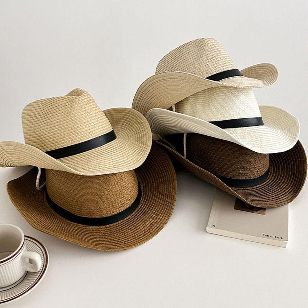 Wide Brim Western Cowboy Hat Breathable Jazz Hat Fashion Straw Cap  Outdoor