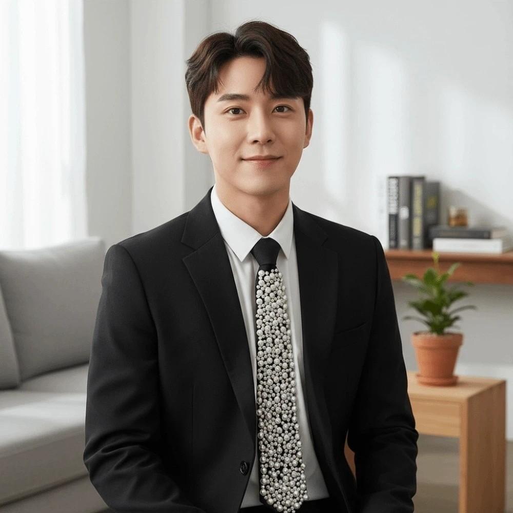Koreanischer Stil Volle Perlen Krawatte Schwarzer Choker Handbestickt Lange Krawatte Akademischer Stil Geometrische Dekoration Hemdkrawatte Täglich