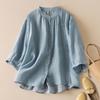 Women's Vintage Pleated Button Down Shirt Cotton Linen Stand Collar Casual Summer Blouse