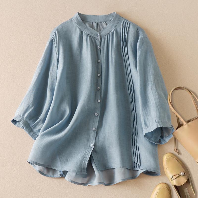 Women's Vintage Pleated Button Down Shirt Cotton Linen Stand Collar Casual Summer Blouse