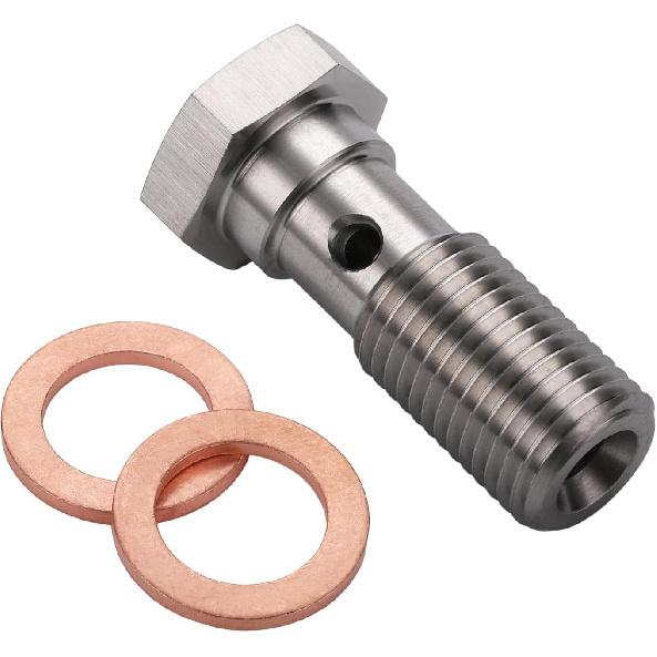 M10x1.0 Metric Stainless Steel Single Banjo Bolt Brake Fitting Adapter 20mm Long with Copper Washers