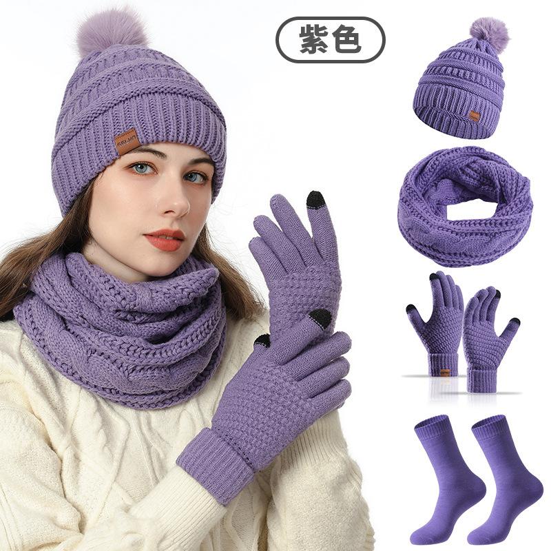 Women Winter Beanie Hat Scarf Gloves Socks 4 Piece Set Thick Warm Knit Cap Set One Size Multicolor